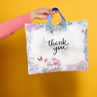 Purple Q Crafts Thank You Bags With Soft Loop Handle for Business Retail, Boutique Bulk 50 Pack 15" W x 12" H Floral Plastic Shopping Bags/Gift Bags Perfect For Mothers Day