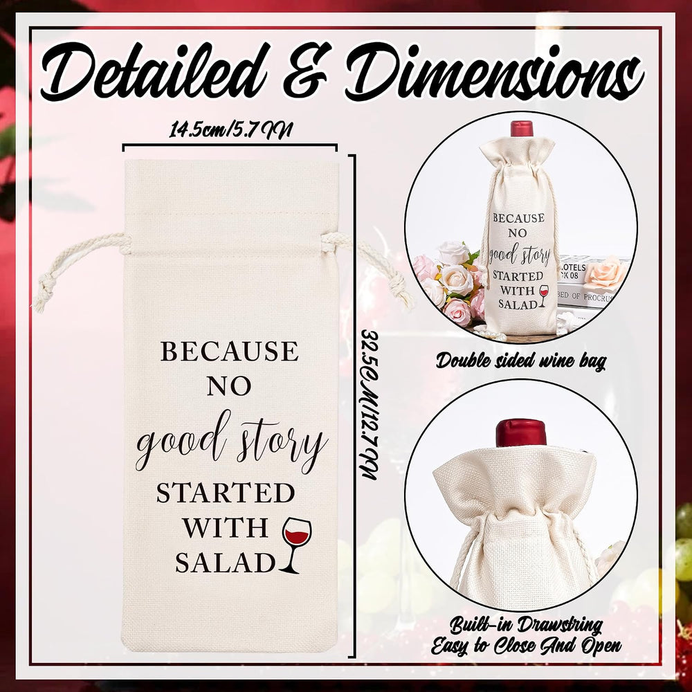 GiftoBi Reusable Burlap Wine Bag with Drawstring, 'Because No Good Story Started with Salad', Beige, 32*14cm, Multiple Occasions