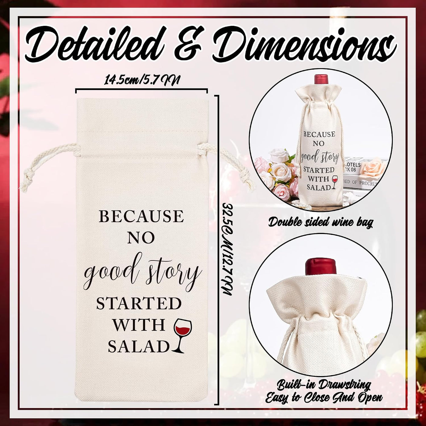 GiftoBi Reusable Burlap Wine Bag with Drawstring, 'Because No Good Story Started with Salad', Beige, 32*14cm, Multiple Occasions