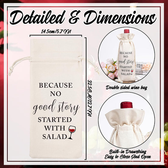 GiftoBi Reusable Burlap Wine Bag with Drawstring, 'Because No Good Story Started with Salad', Beige, 32*14cm, Multiple Occasions - hover image