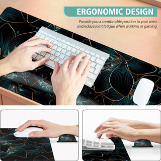 Keyboard Mouse Pad Set,Large Gaming Mouse Pad+Keyboard Wrist Rest+Wrist Rest+Coaster,Computer Desk pad Set Wrist Support for Office Desktop Laptop. (35.4" x 15.7") Extended Desk Mat (Floral)