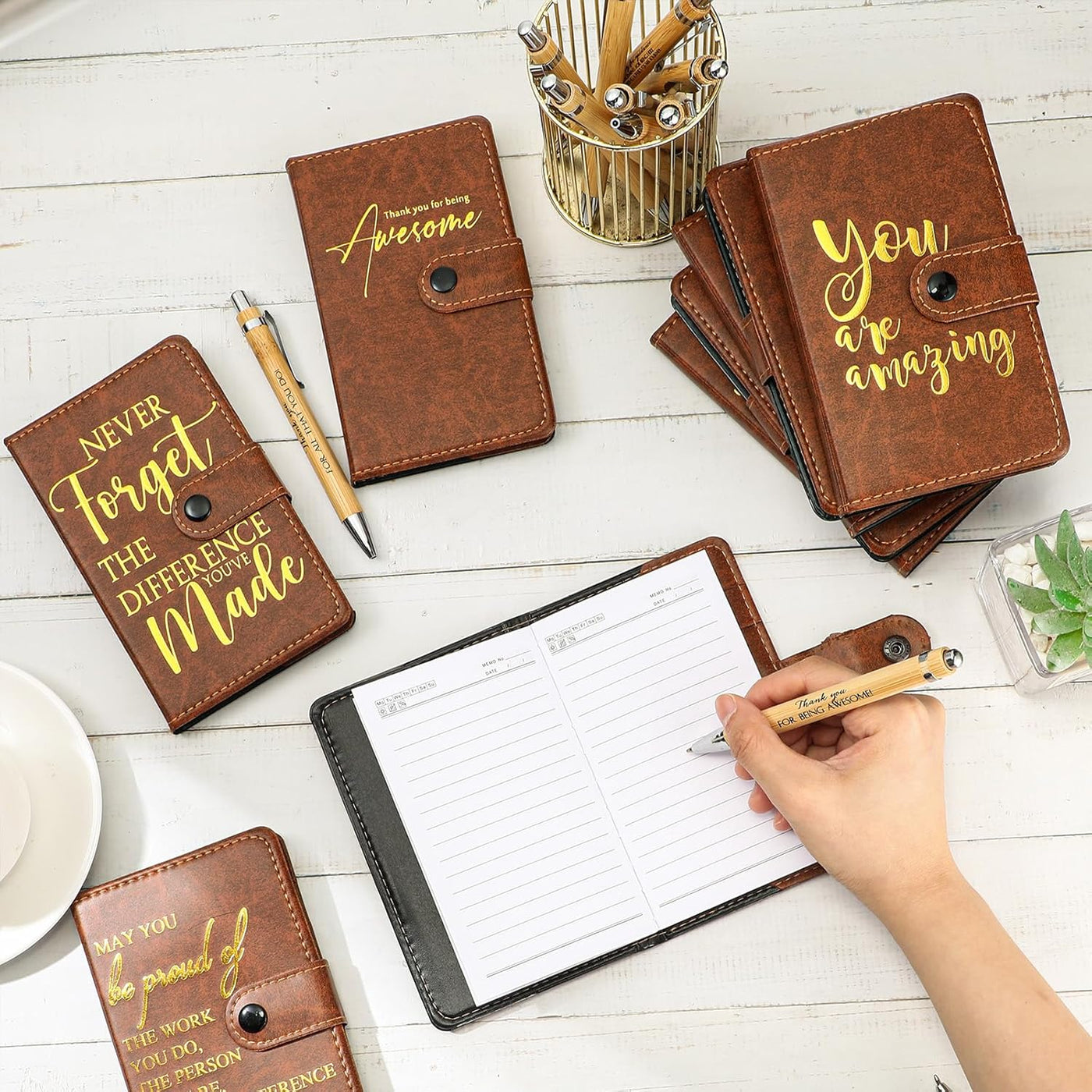 Dispowreath 10 Sets Thank You Leather Journal Bulk Fathers Day Coworkers Gift Inspirational Notebook with Bamboo Pen CNA Week Gift Appreciation Notepad for Employee Teacher Nurse Staff (Dark Brown)