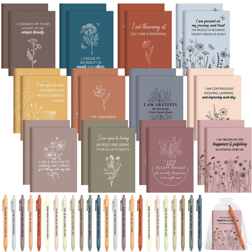 Mooliwe 24 Pcs Positive Affirmation Gift Set Gratitude Notebooks with Pens Small Bags Motivational Encouragement Notepads Daily Affirmations Journal for Women Stress Relief Self Care (Watercolor)
