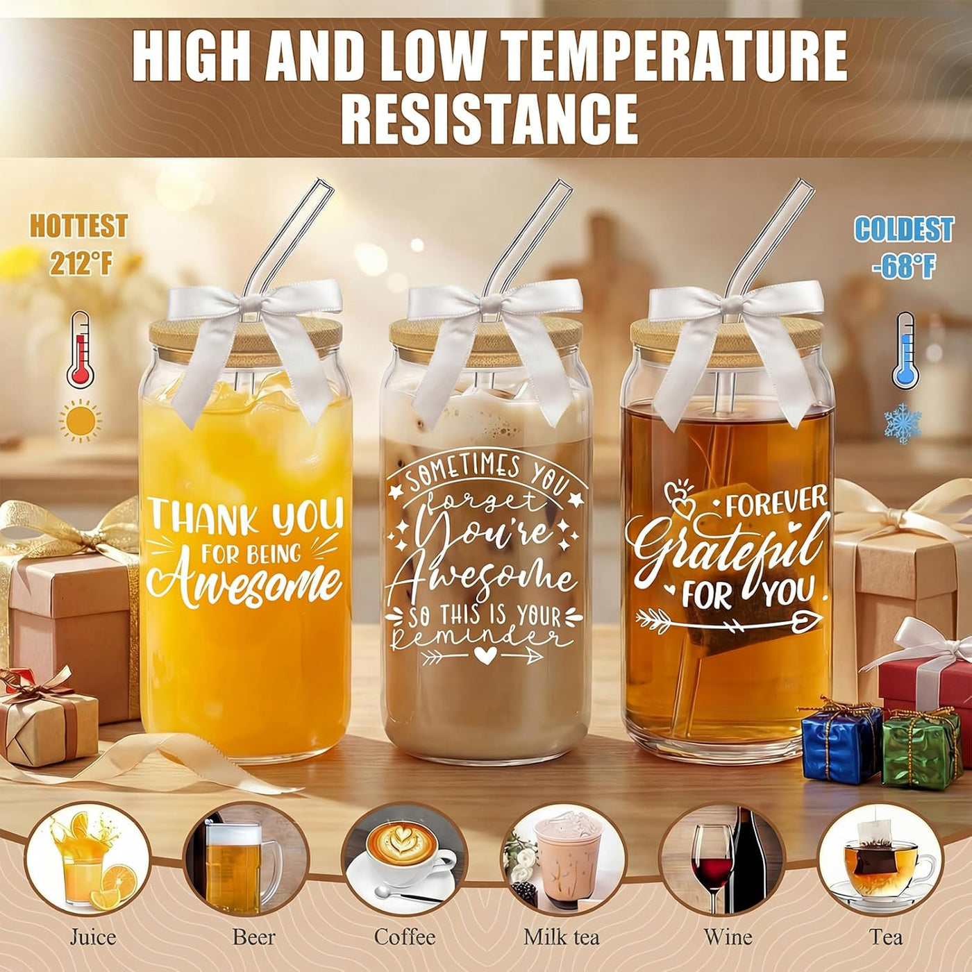6Pcs Thank You Gifts Glass Cups with Lids and Straws 16oz Employee Appreciation Drinking Glasses Cups Thank You Iced Coffee Cup Tumbler Gifts for Employee Staff Coworkers Teachers Nurse