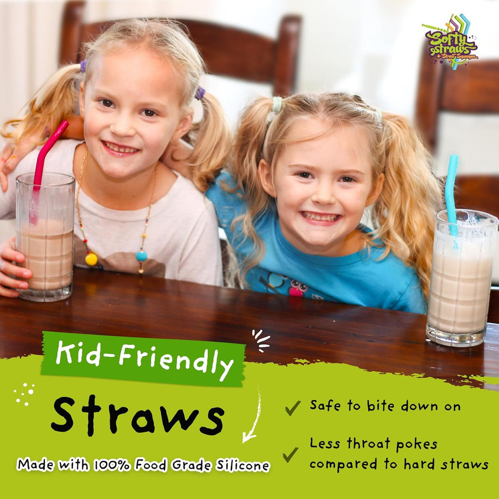 Softy Straws Wide Premium Reusable Silicone Drinking Straws + Patented Straw Squeegee - 9” Long With Curved Bend for 20 30 32 oz Tumblers Non Rubber, Flexible, Safe for Kids/Toddlers, Smoothie