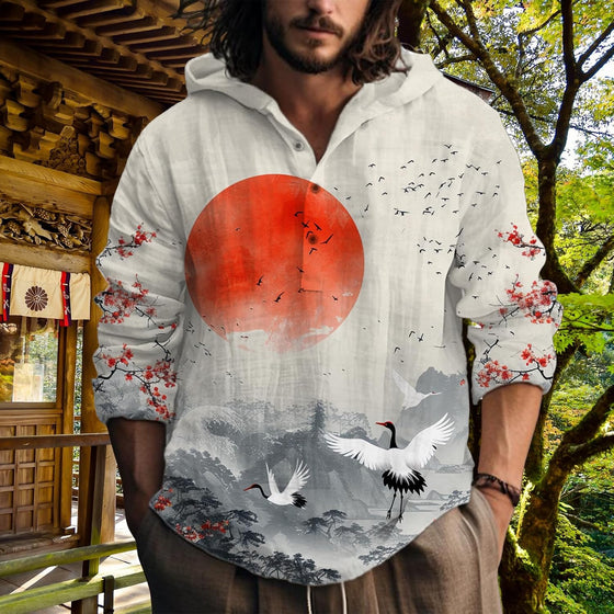 MARSVOVO Hooded Long Sleeve Shirt Men Fashion Graphic Button Up Lightweight Big and Tall Casual Vacation Shirts for Men - hover image