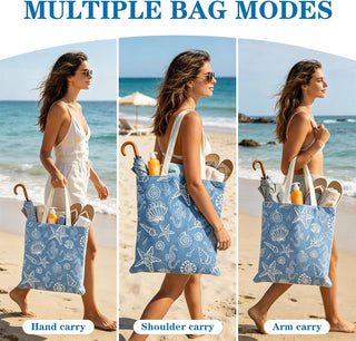 IANFEPH 6Pcs Coastal Canvas Tote Bags, Blue Bow Seashell Reusable Grocery Bag for Women Summer Beach Bag Gift for Bridal Shower Bachelorette Nautical Birthday Party Favors, 15.7 x 13.8 Inch