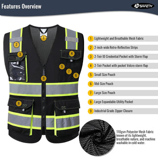 JKSafety Hi Vis Reflective Safety Vests for Men Women High Visibility Vest with Pockets Mesh Fabric Construction Safety Apparel Neon Vest for Work (220-Black L)