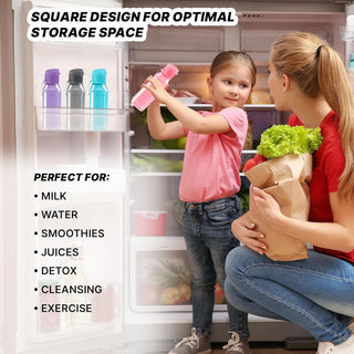 Bulk Set of 4 10oz Multicolor Water Bottles for Kids and Adults - Leak Proof With Carry Strap - Square Reusable for Juice, Drinks - BPA-Free Dishwasher-Safe