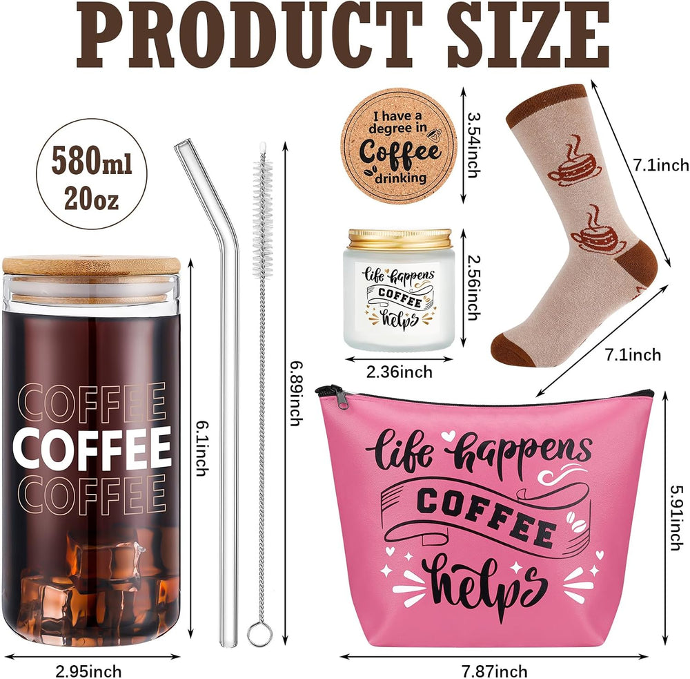 Dandat 5 Pieces Coffee Lovers Gifts Set 20 oz Iced Drink Cups with Lids and Straws Round Cork Coaster, Socks, Makeup Bag, Candle Jar Coffee Gift Basket for Men Women