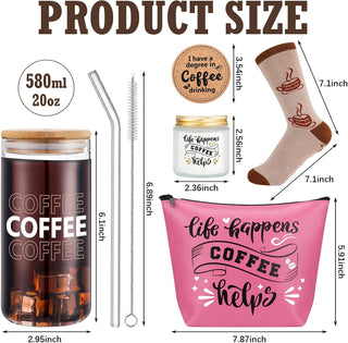 Dandat 5 Pieces Coffee Lovers Gifts Set 20 oz Iced Drink Cups with Lids and Straws Round Cork Coaster, Socks, Makeup Bag, Candle Jar Coffee Gift Basket for Men Women