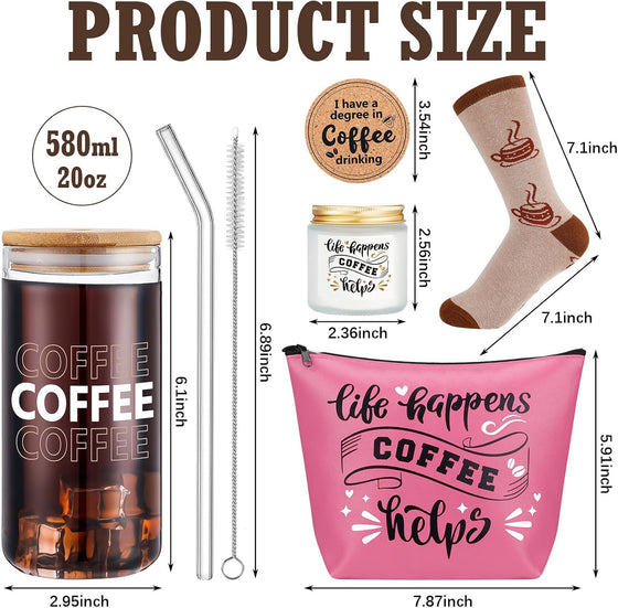 Dandat 5 Pieces Coffee Lovers Gifts Set 20 oz Iced Drink Cups with Lids and Straws Round Cork Coaster, Socks, Makeup Bag, Candle Jar Coffee Gift Basket for Men Women - hover image