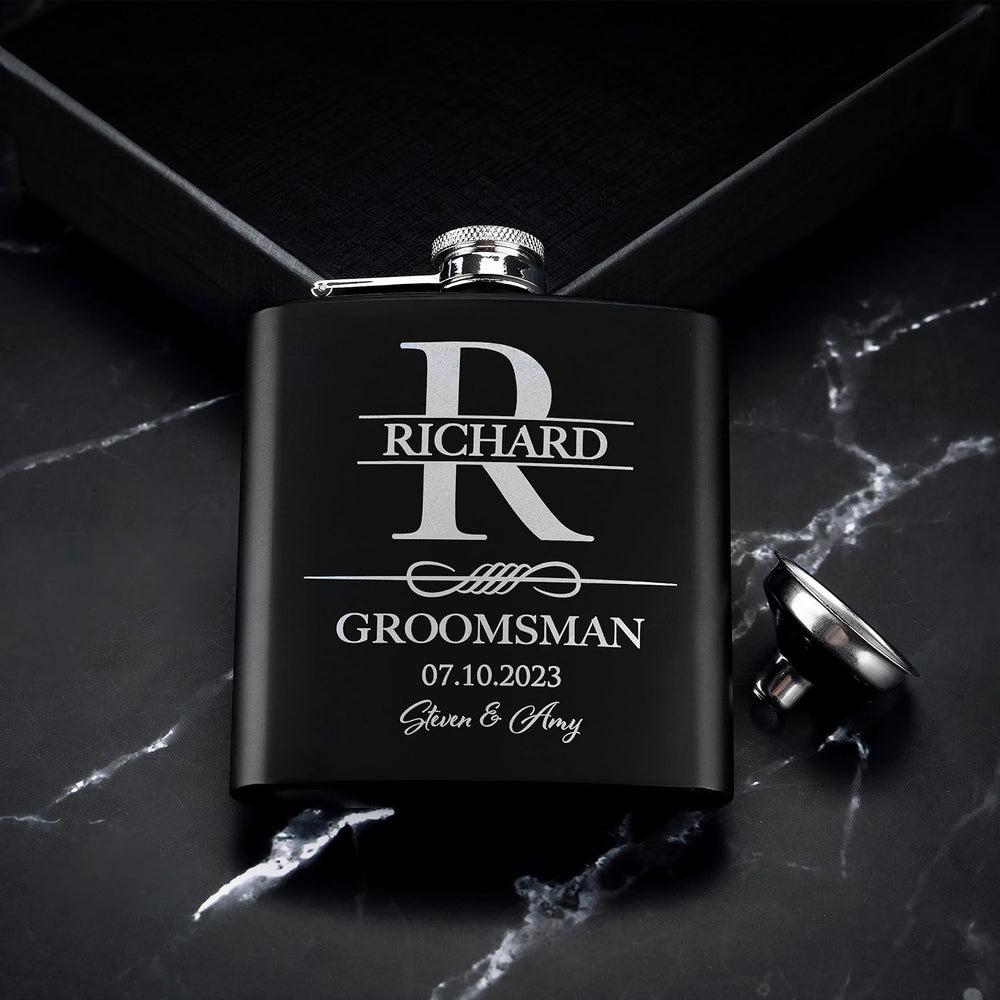 Set of 6, Groomsmen Gifts for Wedding | Personalized Groomsmen Flasks w/Optional Gift Box, Bachelor Party Team, 6 oz. Custom Engraved Hip Flasks for Best Man and Groomsman Proposal #3, Stainless Steel