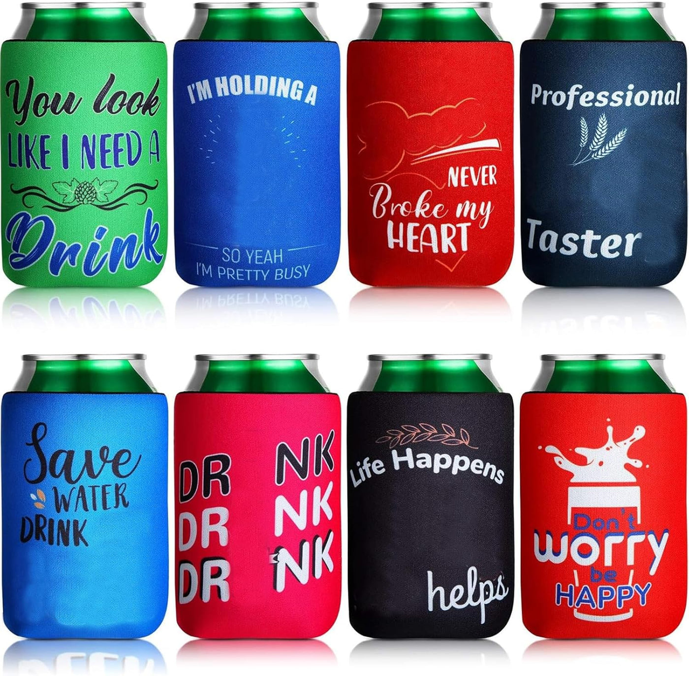 8 Pcs Insulated Neoprene Can Cooler Sleeves for Drink, Collapsible Beverages Drink Holders with Funny Quotes Beverage Cooler Sleeves Bulk for Soda Cans, Bottles, Bbqs, Party Favors (4.9 x 3.7 Inch)