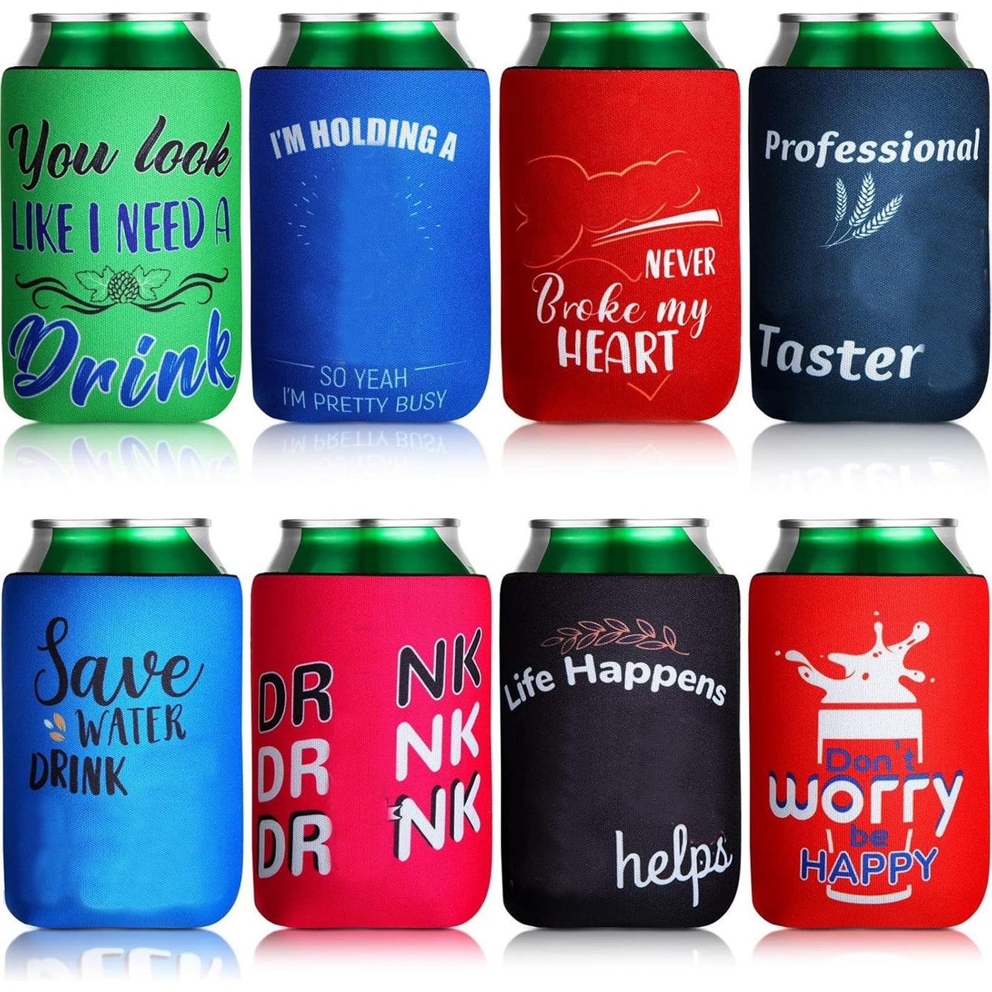 8 Pcs Insulated Neoprene Can Cooler Sleeves for Drink, Collapsible Beverages Drink Holders with Funny Quotes Beverage Cooler Sleeves Bulk for Soda Cans, Bottles, Bbqs, Party Favors (4.9 x 3.7 Inch)
