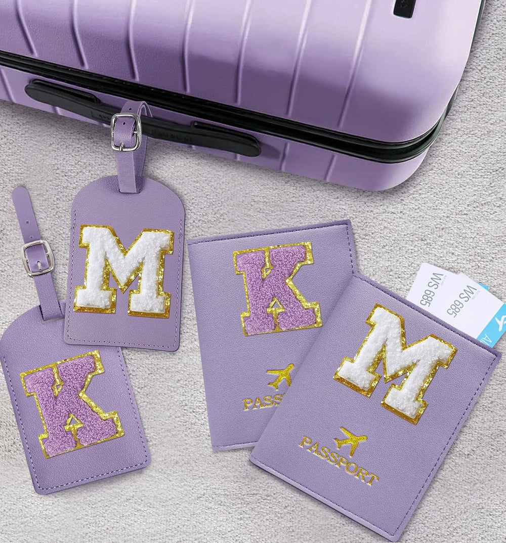 COSHAYSOO Purple Passport Cover Holder and Initial Luggage Tag Set TSA Approved with Personalized Monogram Chenille Letter Patch for Women Teen Girls, Cute Travel Bag Suitcase Identifier (A)