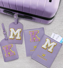 COSHAYSOO Purple Passport Cover Holder and Initial Luggage Tag Set TSA Approved with Personalized Monogram Chenille Letter Patch for Women Teen Girls, Cute Travel Bag Suitcase Identifier (A)