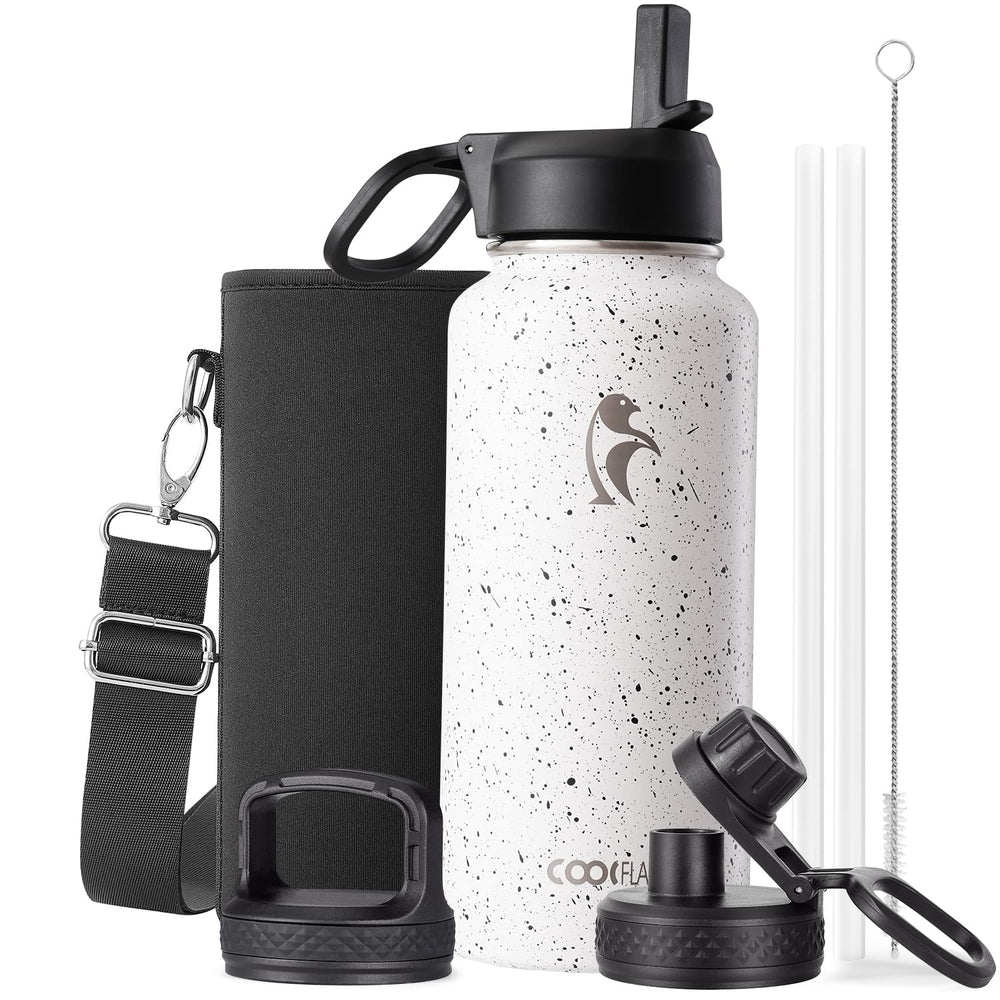 Water Bottle 40 oz Insulated with Straw&Brush, Coolflask Vaccum Stainless Steel Metal 3 Lids Water Flask for Sports, Gym or Office, Keep Cold 48H Hot 24H, Magic Black