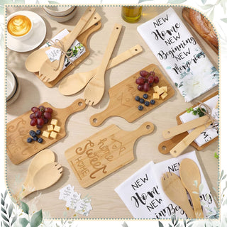 Geelin 31 Pcs Housewarming Gifts Bulk Engraved Cutting Board New Home Beginning Kitchen Towels Cards Bamboo Spoons House Warming Gift Set for Homeowner Neighbor Couple Apartment Kitchen (Rectangle)