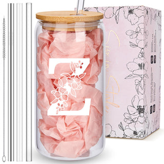 Personalized Tumbler, Monogrammed Can Glass Cups with Bamboo Lids and Straws, Customized Gifts for Women, Cute Design Initial Iced Coffee glasses, Custom Letter Mug, Birthday Bridesmaid, W