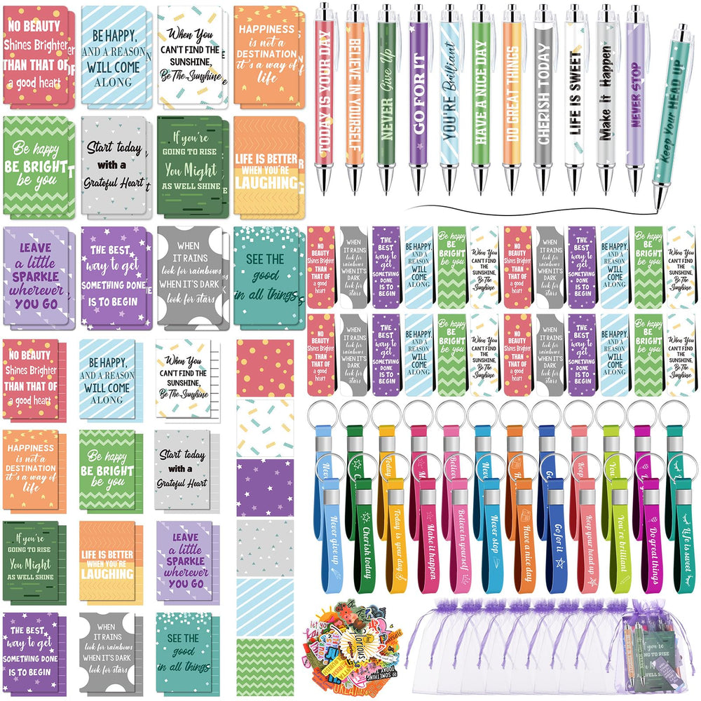 Pasimy 218 Pcs Inspirational Stationery Gifts Motivational Mini Notepad Pen Quote Bookmarks Stress Relief Stickers Inspiring Silicone Keychains for Home Office Appreciation Gift(Stylish)