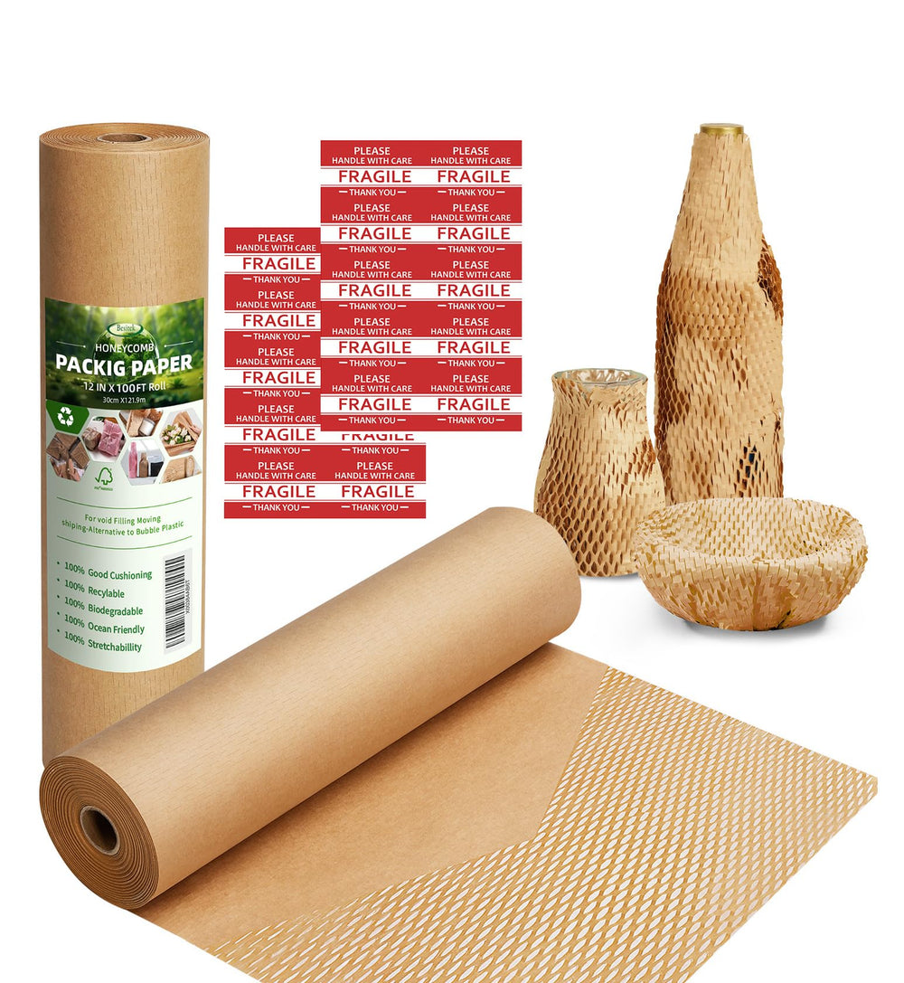 Honeycomb Packing Paper,12 inch x 200 ft Bubble Cushioning Wrap for Packing Moving,Products Gifts Wrapping Paper,Recyclable and Biodegradable Shipping Packing Materials with 20 Fragile Sticker Labels