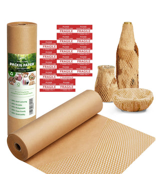 Honeycomb Packing Paper,12 inch x 200 ft Bubble Cushioning Wrap for Packing Moving,Products Gifts Wrapping Paper,Recyclable and Biodegradable Shipping Packing Materials with 20 Fragile Sticker Labels