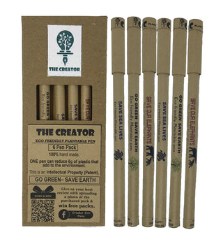 THE CREATOR The CREATOR - PLANTABLE Pens One pen reduces 6g of plastic added to the environment Go Green - Save Earth Give a gift that speaks to the Heart, Pack of (6), WILDLIFE Theme, Brown