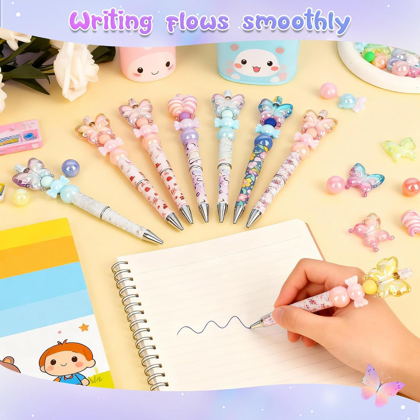 holoith 8 Set Butterfly Flower Beadable Pens Kit, Pen Making Kit with Beads and Refills, Black Ink Ballpoint Smooth Writing, Gift for Diy Present Students Teens Office Supplies
