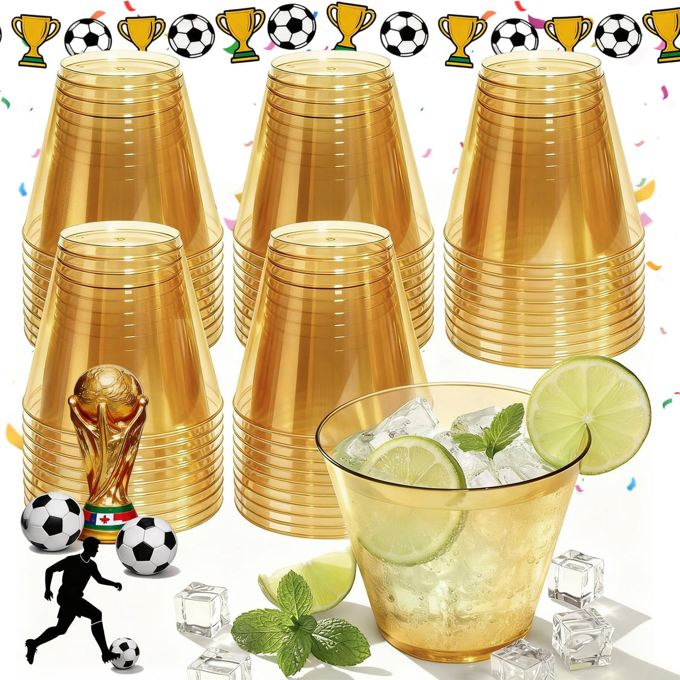 9 oz Clear Plastic Cups Green Plastic Disposable Cups for Cocktail 50 Pack Fancy Cocktail Cup for Party Stemless Wine Glasses for Wedding Graduation Birthday World Cup