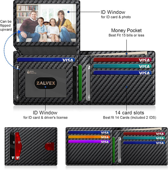 Wallet for Men Slim RFID Blocking Leather Credit Card Holder Wallet for 14 Cards, Bifold Minimalist Thin Wallet with 2 ID Windows & Cash Slot, Front Pockt Carteras Para Hombres, Birthday Gifts for Men - hover image