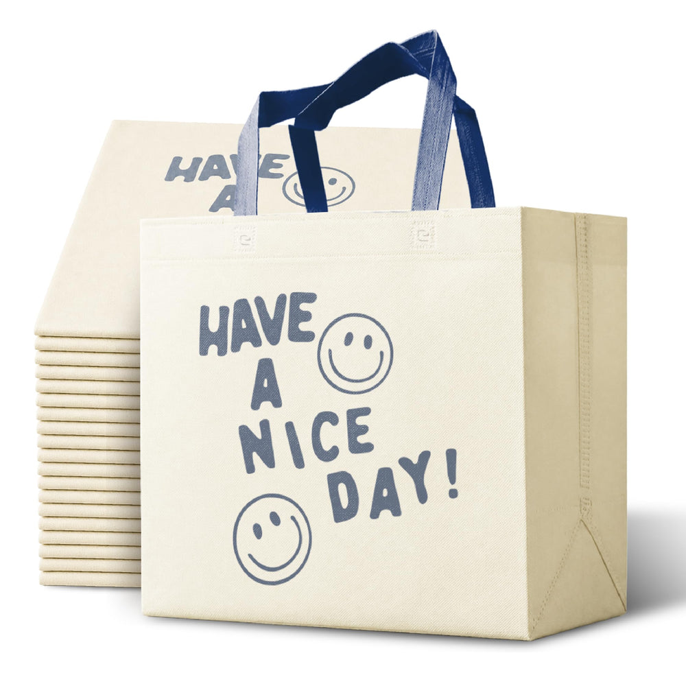 Bagways 30 PACK Reusable Grocery Bags with Handles, Durable, Foldable, Washable Eco-Friendly Shopping Totes, 14x6.5x14 Inch, Beige/Green Eco Doodles Design