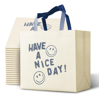 Bagways 30 PACK Reusable Grocery Bags with Handles, Durable, Foldable, Washable Eco-Friendly Shopping Totes, 14x6.5x14 Inch, Beige/Green Eco Doodles Design
