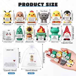 Gejoy 12 Pcs Pocket Hug Gift Set Tiny Rubber Figurines with Inspirational Message Organza Bags Glue Points Motivational Positive Gifts for Graduation Family Friends Colleagues Teachers(Stylish)