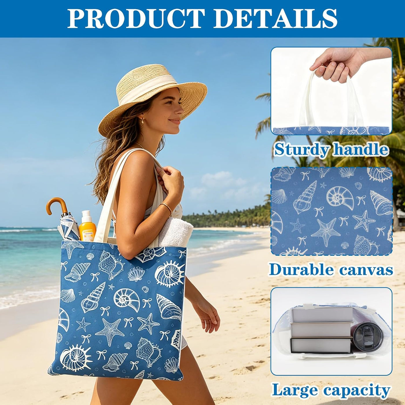 IANFEPH 6Pcs Coastal Canvas Tote Bags, Blue Bow Seashell Reusable Grocery Bag for Women Summer Beach Bag Gift for Bridal Shower Bachelorette Nautical Birthday Party Favors, 15.7 x 13.8 Inch
