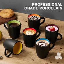 Qipecedm 6 Pack Porcelain Coffee Mugs Set, 12 Ounces Ceramic Coffee Mugs, Matte Black Coffee Mug, Restaurant Cups for Coffee, Tea, Cappuccino, Cocoa, Cereal, Black outside and Colorful inside