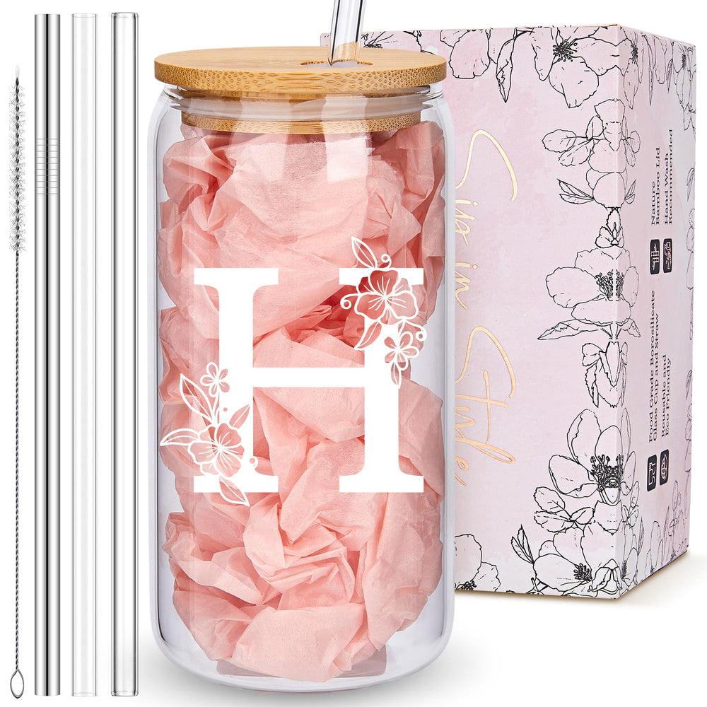 Personalized Tumbler, Monogrammed Can Glass Cups with Bamboo Lids and Straws, Customized Gifts for Women, Cute Design Initial Iced Coffee glasses, Custom Letter Mug, Birthday Bridesmaid, W