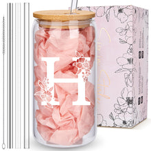 Personalized Tumbler, Monogrammed Can Glass Cups with Bamboo Lids and Straws, Customized Gifts for Women, Cute Design Initial Iced Coffee glasses, Custom Letter Mug, Birthday Bridesmaid, W