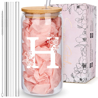Personalized Tumbler, Monogrammed Can Glass Cups with Bamboo Lids and Straws, Customized Gifts for Women, Cute Design Initial Iced Coffee glasses, Custom Letter Mug, Birthday Bridesmaid, W