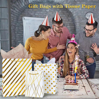KEEPARTY Assorted Sizes Gold Foil Gift Bags with Tissue Paper Suitable for Many Occasions Set of 10 with 6 Design Styles 4 Small 4 Medium and 2 Large Gift Bags