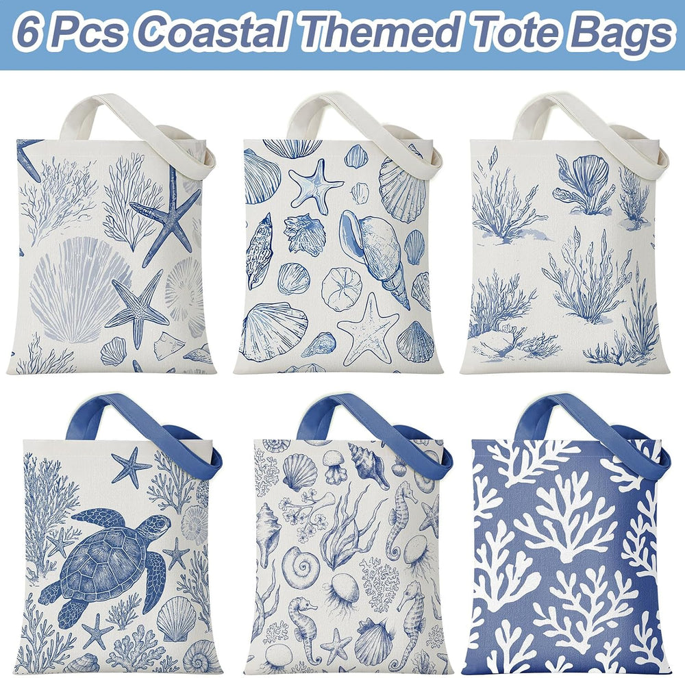 Reginary 6 Pcs Coastal Canvas Tote Bags with Pocket Summer Beach Themed Gifts Blue Seashell Starfish Conch Coral Pattern