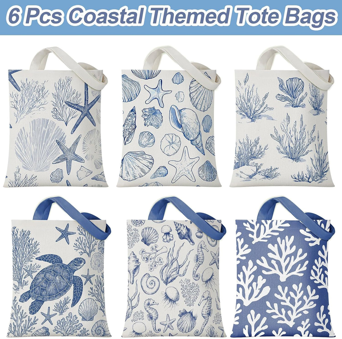 Reginary 6 Pcs Coastal Canvas Tote Bags with Pocket Summer Beach Themed Gifts Blue Seashell Starfish Conch Coral Pattern