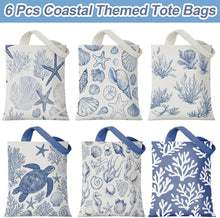 Reginary 6 Pcs Coastal Canvas Tote Bags with Pocket Summer Beach Themed Gifts Blue Seashell Starfish Conch Coral Pattern