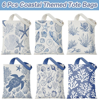 Reginary 6 Pcs Coastal Canvas Tote Bags with Pocket Summer Beach Themed Gifts Blue Seashell Starfish Conch Coral Pattern