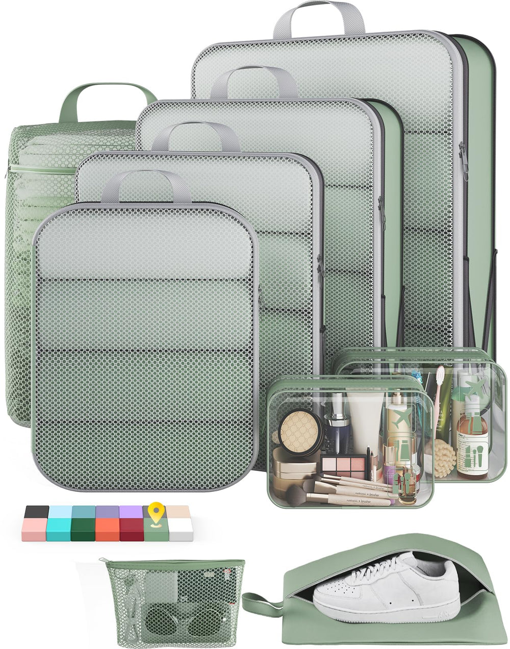 Veken 11-Pack Compression Packing Cubes for Travel Essentials,Compressible Expandable Large Luggage Suitcase Organizer Bags for Clothing,Durable Space Saver Bags with Toiletry Bags(Dark Green)