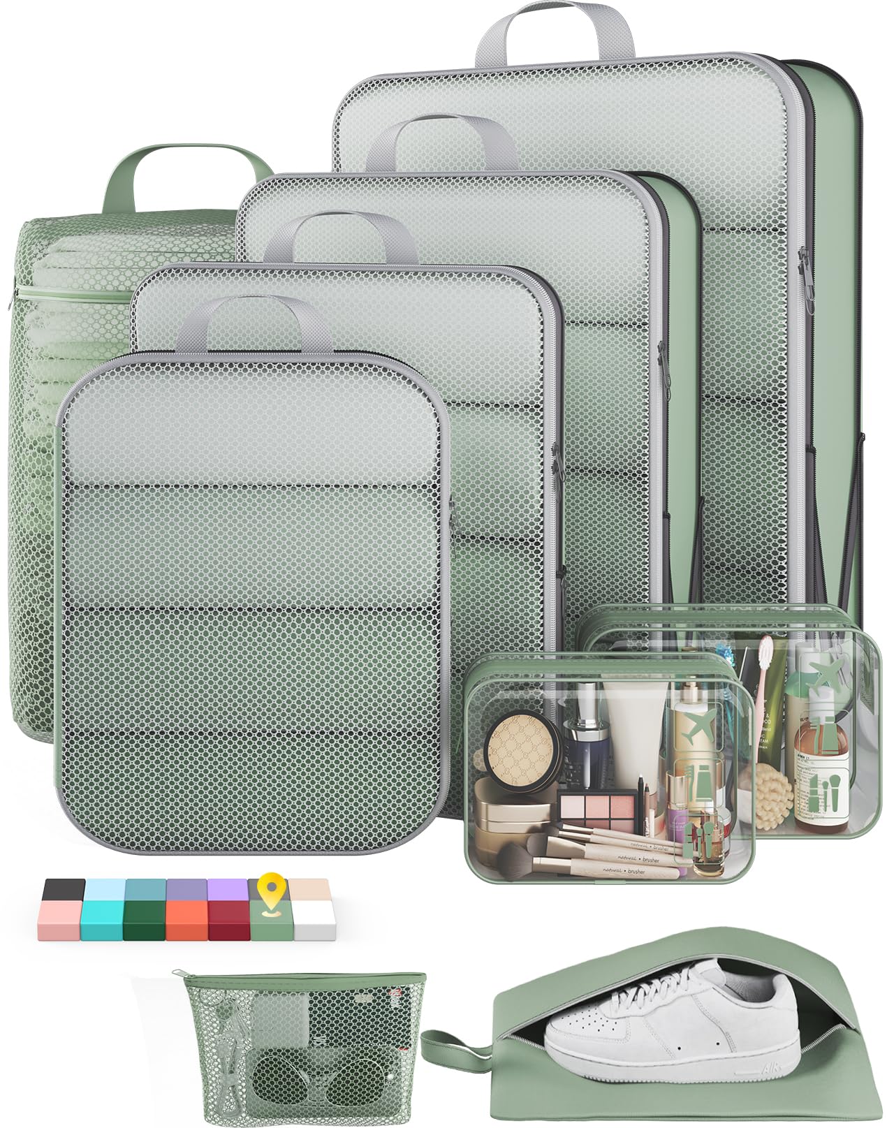 Veken 11-Pack Compression Packing Cubes for Travel Essentials,Compressible Expandable Large Luggage Suitcase Organizer Bags for Clothing,Durable Space Saver Bags with Toiletry Bags(Dark Green)