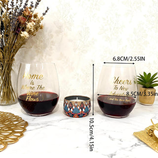New Home Wine Glasses Set of 2 with Candle - Cheers To New Adventures & Home is Where The Wine Flows Stemless Red Wine Glass Gift Set for Homeowners, Housewarming Gift with Box