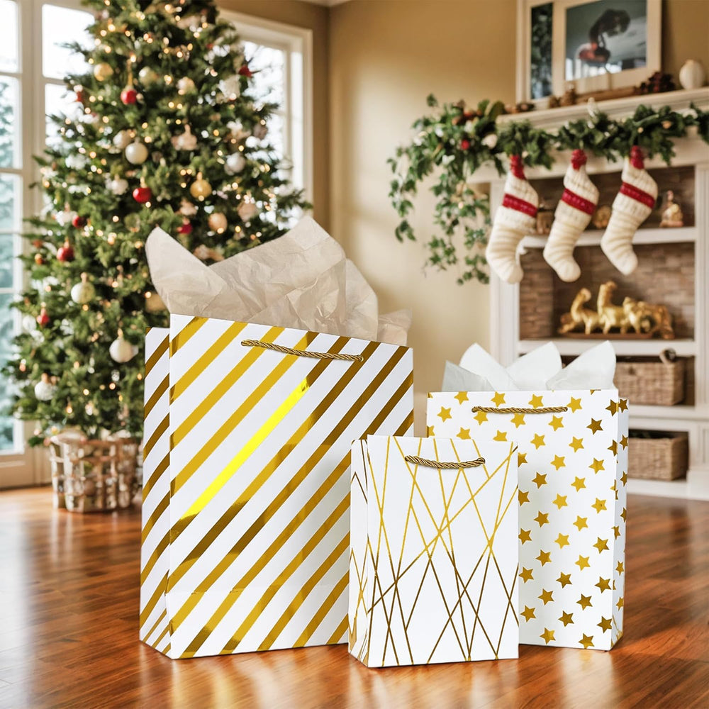 KEEPARTY Assorted Sizes Gold Foil Gift Bags with Tissue Paper Suitable for Many Occasions Set of 10 with 6 Design Styles 4 Small 4 Medium and 2 Large Gift Bags