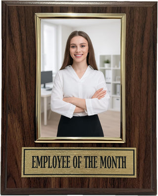 Employee of The Month Award Plaque and Bonus Magnet! 8x10 Picture Plaque Holds a 4x6 Photo. Employee Appreciation Award. Walnut Finish