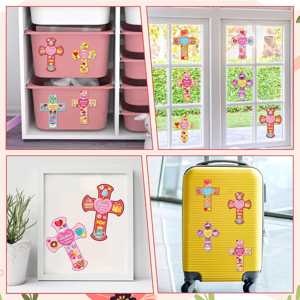 CY2SIDE Mothers Cross Stickers Sheet - 40PCS Make A Best Mom Cross Face Sticker with Heart Flower for Kid, DIY Religious Gift Craft Sticker Game Party Favor for Christian Sunday School Home Project